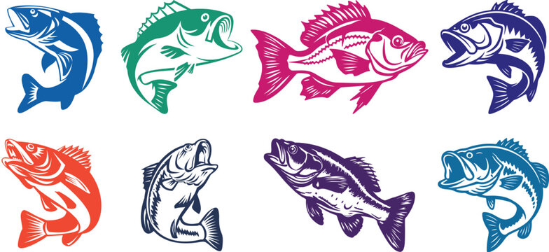 Vibrant multicolored fish icons in various colors including blue green pink purple and orange