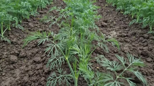 Close-up of young dill plants growing in a garden row with dark brown soil ready for harvest