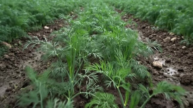 Close-up of Fresh Dill Growing in a Row in a Field with Dark Soil on a Cloudy Day