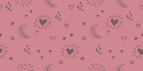 Seamless Pattern with Celestial Hearts Crescent Moon and Stars on Dusty Rose Background for Romantic Stationery
