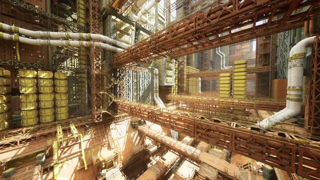 yellow tanks in energy processing plant with dense piping and valves, high tanks and pressure lines bathed in warm light, rows of conduits and gauges suggest