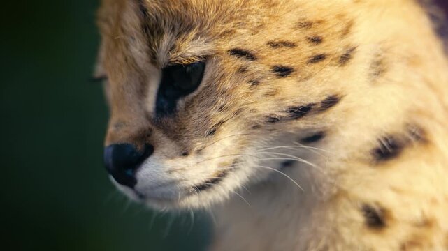 4K slow motion close-up of a serval turning its head. Detailed portrait of a wild cat looking around.