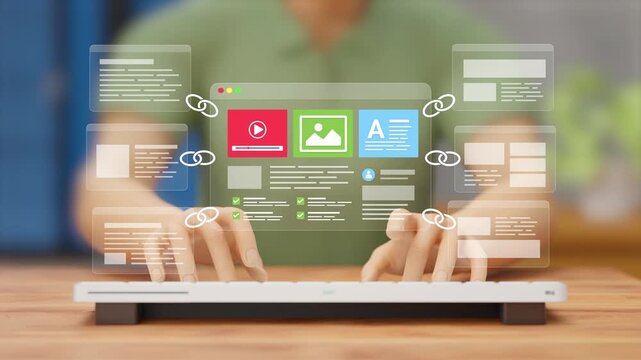 Website Link Building, Content Backlink Strategy, SEO Growth, Improved Rankings, Organic Traffic Boost, Digital Visibility Tactics.Man Managing Backlinks of Web Pages on Laptop Virtual Screen.3D Video
