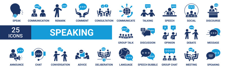 Speaking icon set. Communication icons collection. Containing discussion, speech bubble, talking, consultation and conversation. Solid icon set. Vector illustration.