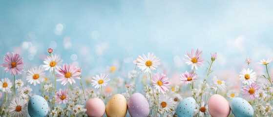 Pastel easter eggs and spring daisies border on blue sky background © vStock