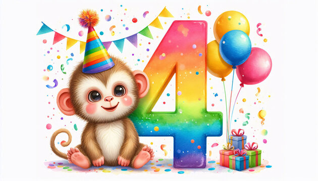 Cute number four birthday illustration with baby monkey balloons confetti and festive party decorations for kids celebration