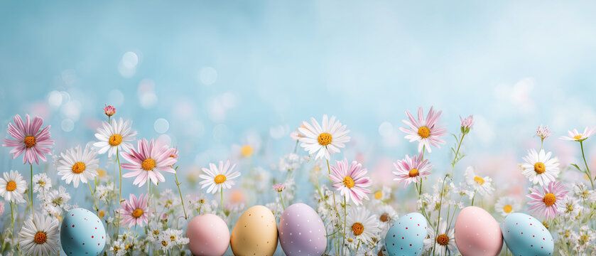 Pastel easter eggs and spring daisies border on blue sky background
