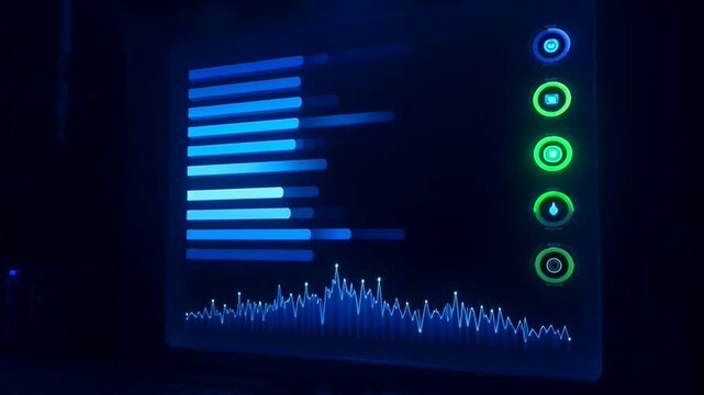 A futuristic screen displays a blue graph in a dark room with technology