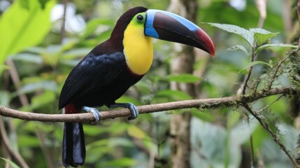 Obraz premium Toucan bird perched on branch in tropical cloud forest with foliage, nature, wildlife, jungle, forest, beak, feathers and colorful plumage. Exotic avian resting in lush green habitat under cloudy sky