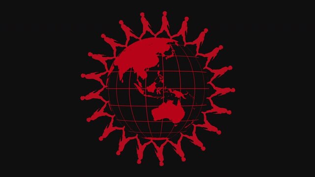 Seamless loop of soldier silhouettes marching around the globe representing global security and defense alliances