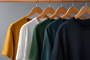 Obraz premium Colorful T-Shirts on Hangers in a Row