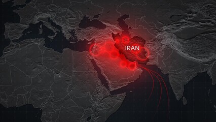 Fototapeta premium Map depicting airstrikes on Iran and retaliatory Iranian strikes on neighboring countries hosting US bases. Visualizing escalating conflict and military tensions in the Middle East 