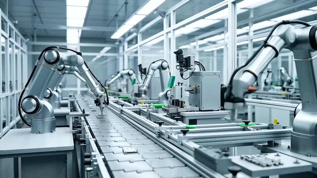 Robotic arms work on assembly line in industrial factory setting with machinery