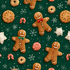 Fototapeta premium Seamless Christmas Gingerbread Cookies and Holiday Treats Pattern