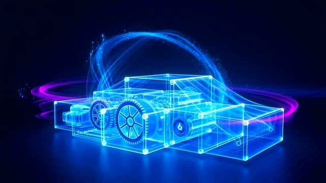A glowing blue 3D illustration of a camera's internal mechanisms on a dark background with neon light.