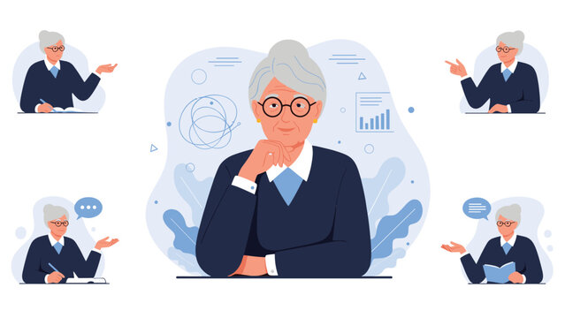 Detailed set of an elegant elderly woman with glasses shown in various poses like thinking, presenting, and studying.