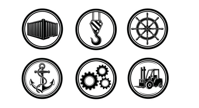 Shipping and Industrial Icons: Container, Crane, Ship Wheel, Anchor, Gears, Forklift