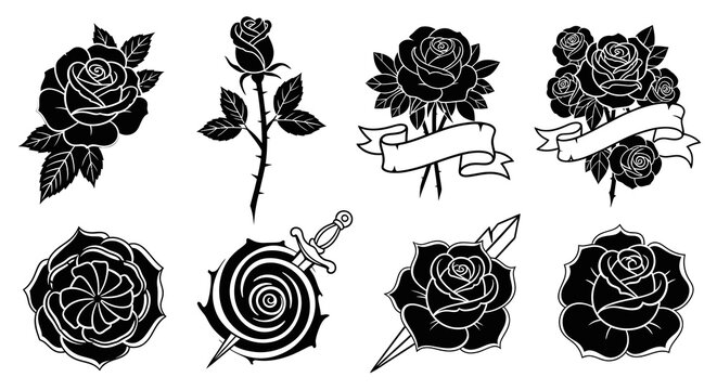 Black and White Rose Tattoo Designs Vector Set