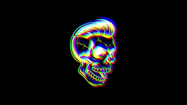 Animated profile of a skull with a pompadour hairstyle featuring a vibrant digital glitch effect, chromatic aberration, and RGB color shifts on a black background.