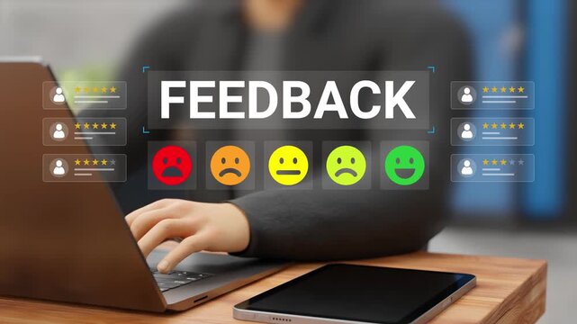 User Experience Reviews, Online Survey, Real Client Feedback, Rating System, Opinion Polls, Service Quality Improvement Concept. Customer Writing Product, Service Feedback on Virtual Screen. 3D Video