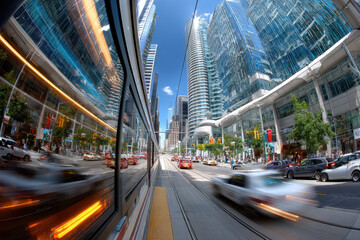 Naklejka premium Fisheye view of city street with motion blur