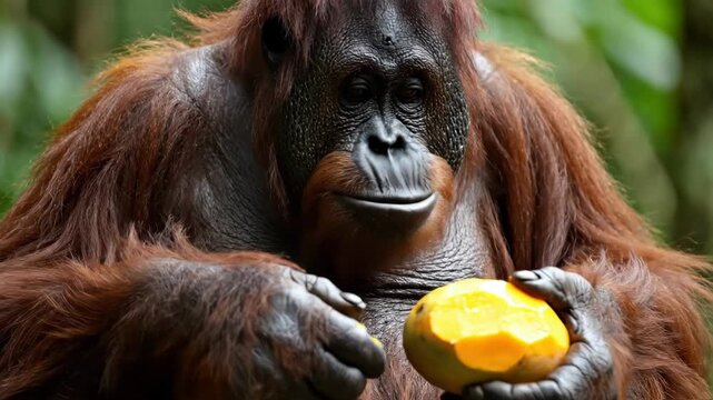 Orangutan eating a juicy mango in the forest