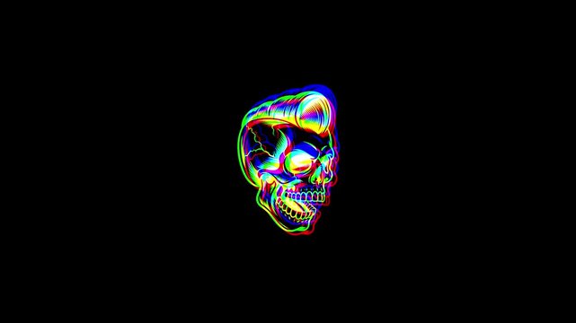 Animated profile of a skull with a pompadour hairstyle featuring a vibrant digital glitch effect, chromatic aberration, and RGB color shifts on a black background.