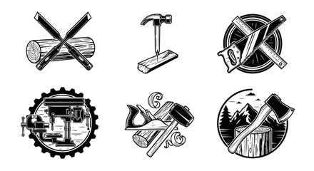 Black and White Line Art Woodworking Tools Icons Set Vector