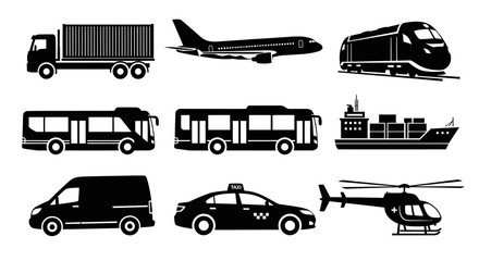 Obraz premium Black and white vector icons of transportation vehicles