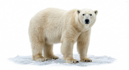 Fototapeta premium Photorealistic polar bear standing on a piece of ice isolated on pure white background, endangered wildlife