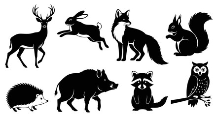 Fototapeta premium Black and White Forest Animals Vector Icons - Deer, Fox, Owl, Rabbit