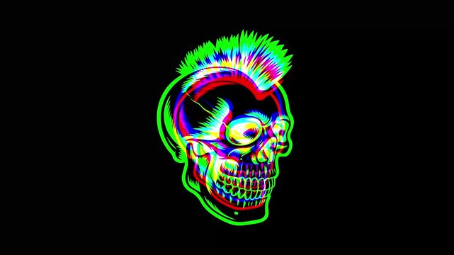 Animated profile of a skull with a punk mohawk hairstyle featuring a vibrant digital glitch effect, chromatic aberration, and RGB color shifts on a black background.