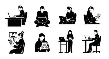 Black and White Icons of People Working Remotely with Technology