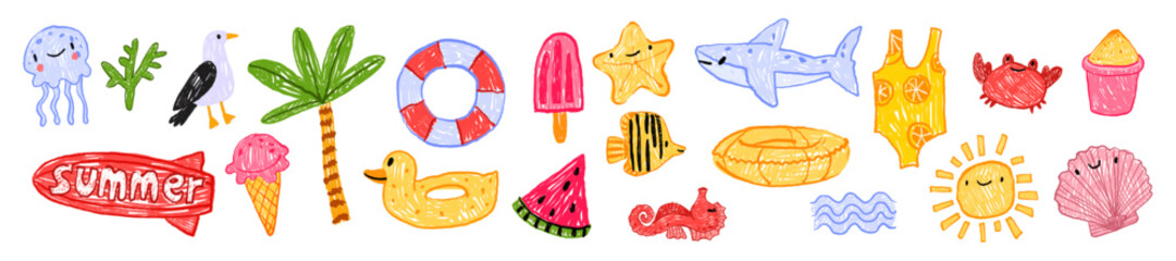 Obraz premium Summer beach kids illustration set, hand drawn sea coastal funny scribble naive childish marine icon. Cartoon tropical vacation design elements, palm tree, surfboard, shell, fish. Summer kids print