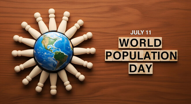 World population day awareness image with globe and human figures