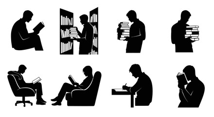 Silhouettes of People Reading Books in Various Poses
