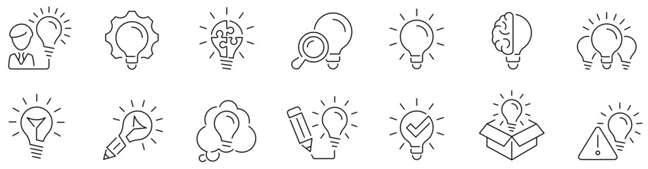 Creativity icons. Innovation icon set. Idea lightbulb. Brainstorming. Creativity lamp. Design thinking. Imagination. Process. Invention. Editable stroke. Vector illustration © vectorsanta