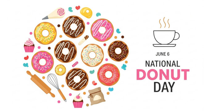 Donuts and coffee celebrate national donut day with colorful treats and baking tools