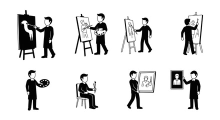 Artist Painting on Easel, Holding Palette, and Artwork in Black and White