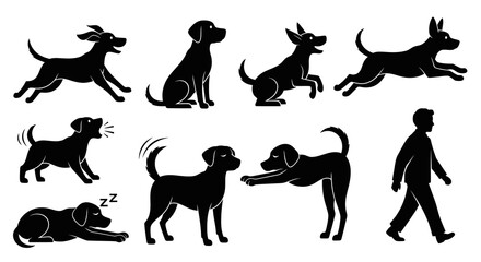 Fototapeta premium Black White Dog Poses and Human Silhouette Vector Art