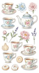Elegant Tea Party - Vintage Teacups, Teapot, and Floral Accents.