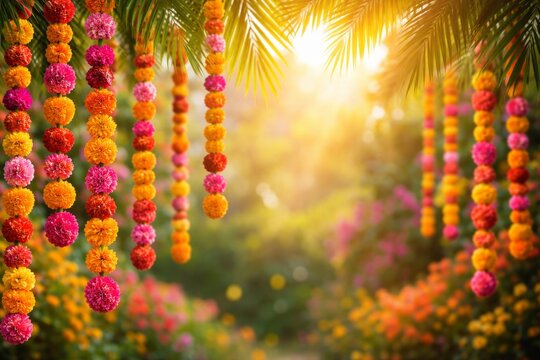 A vibrant festive background for Ugadi featuring colorful marigold flower garlands hanging against a sunlit, blurred bokeh backdrop. A beautiful symbol of celebration, tradition, and prosperity.