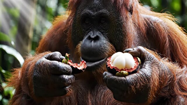 Orangutan eating mangosteen in lush green forest