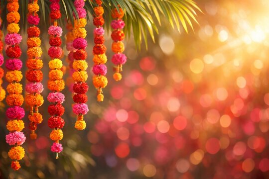 A vibrant festive background for Ugadi featuring colorful marigold flower garlands hanging against a sunlit, blurred bokeh backdrop. A beautiful symbol of celebration, tradition, and prosperity.