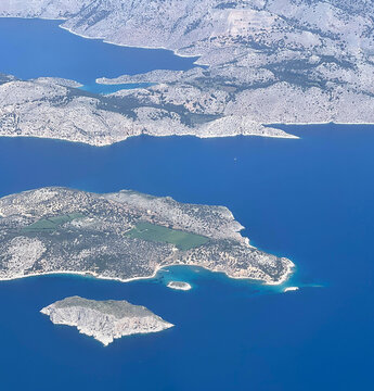 Airview over the islands Seskli and Simi, in eastern Mediterranean Sea, Greece.