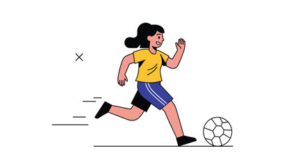 Naklejka premium Young girl in a yellow and blue sports jersey runs quickly while dribbling a soccer ball across a white field during a game.