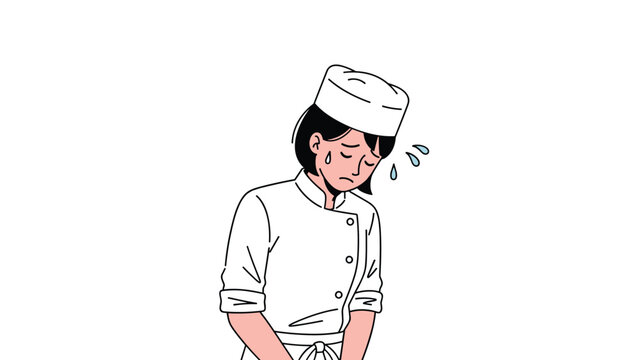 Woman chef in white uniform looks exhausted and stressed while sweating profusely during a busy shift in a professional kitchen.