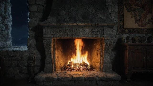 A lit fireplace in a dimly lit room with a stone wall and wooden furniture