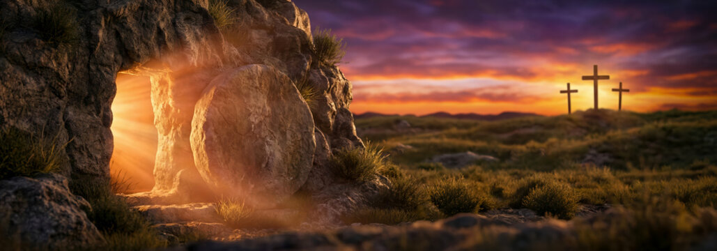 Crosses stand on a hill in Easter morning dawns over the empty tomb symbolizing the resurrection of Jesus Christ.