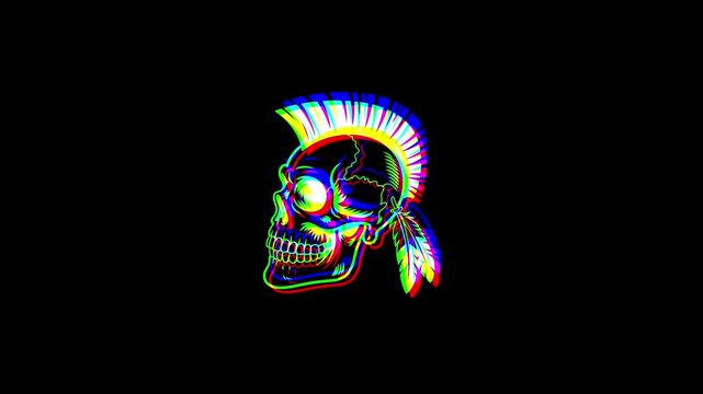 Animated profile of a native american skull with a mohawk and feathers featuring a vibrant digital glitch effect and RGB color shifts on a solid black background.
